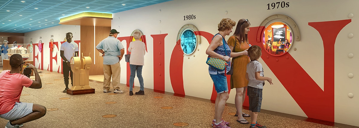 digital rendering of guests looking through the porthole exhibition of carnival's history